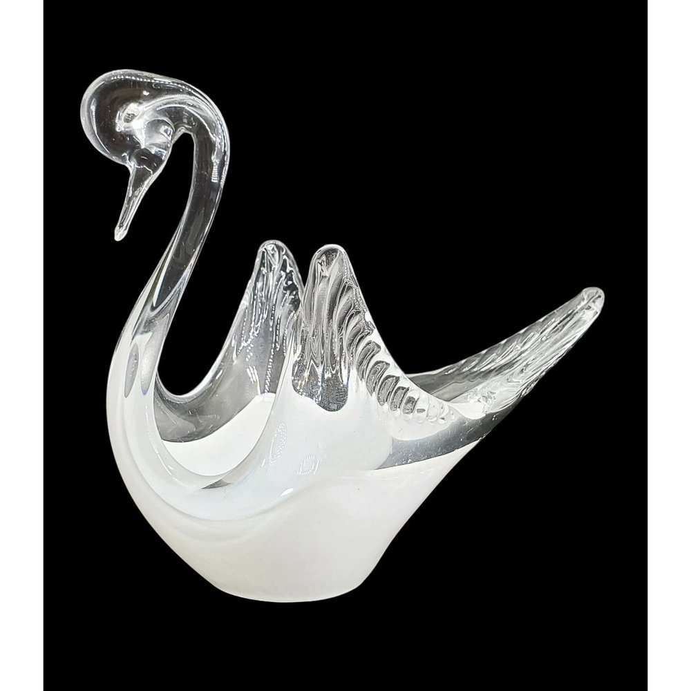 Cased Glass Vintage Swan Bowl/Dish Clear & White Summerso Effect